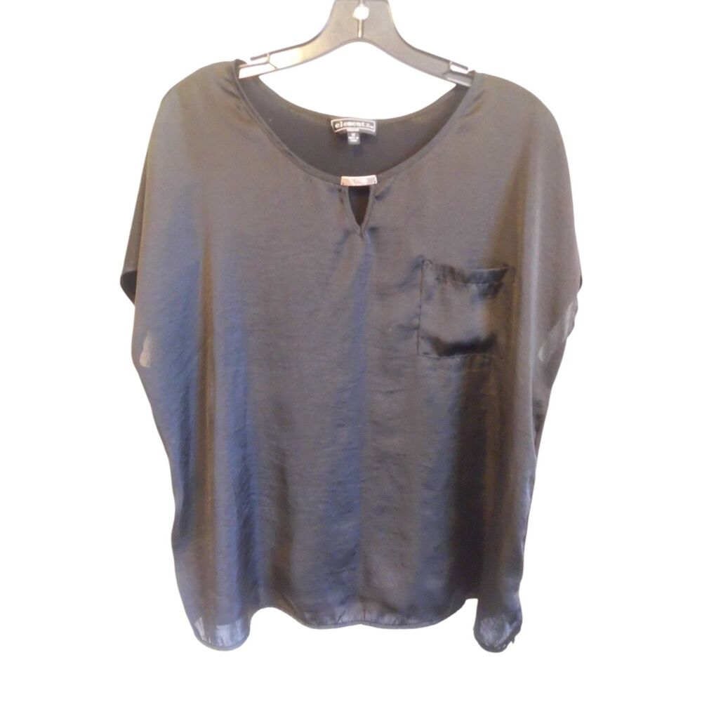 Elementz Woman Black Satin Keyhole Neck Short Sleeve Pocket Blouse | Size 1X